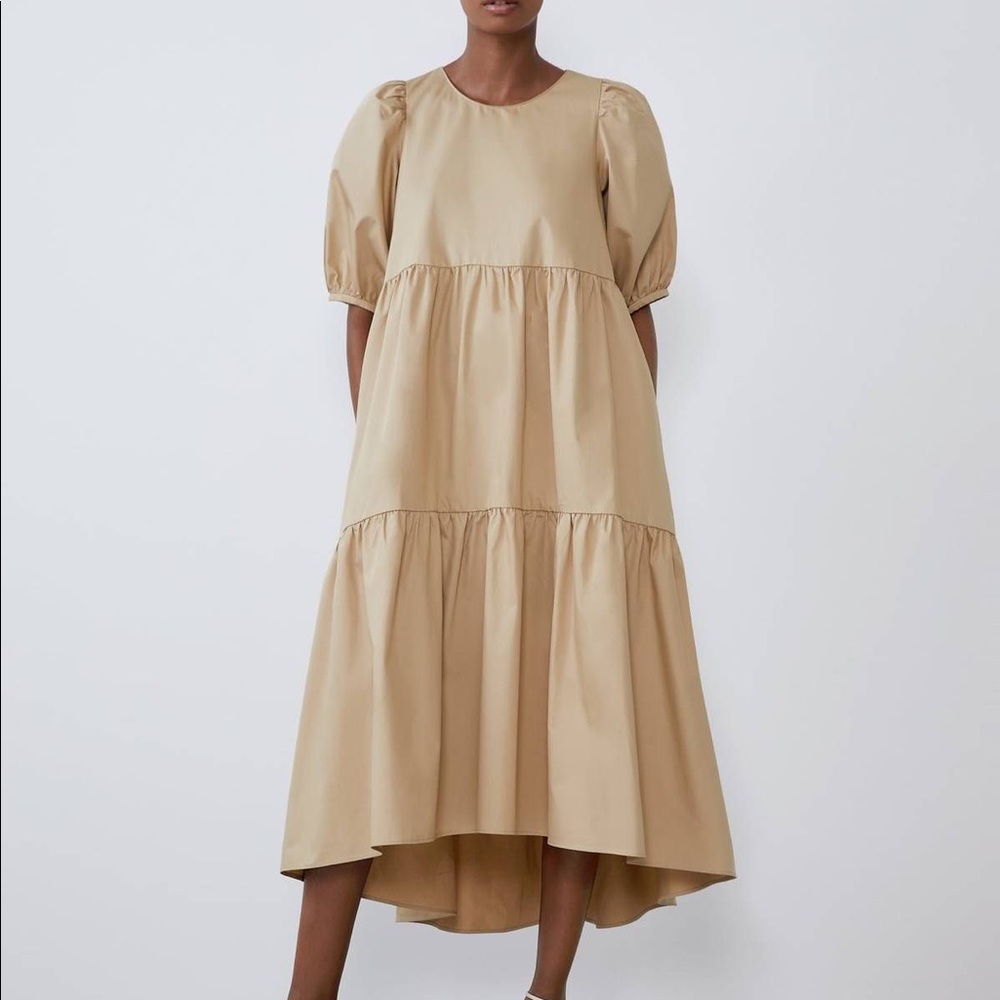 Zara Beige Poplin Dress with Puff Sleeves